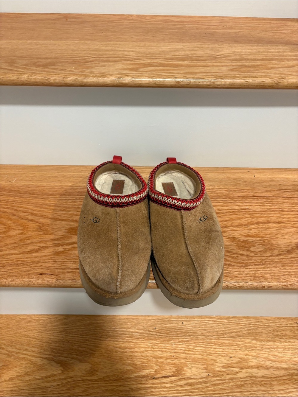 UGG Girls Chestnut Suede Slip-On Clog with Red Trim